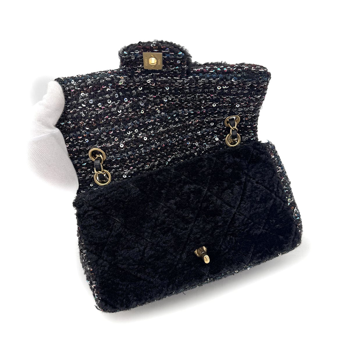 Luxury Promise Japan CHANEL MATELASSE CHAIN SHOULDER BAG BLACK FAR TWEED SEQUINS 90292747