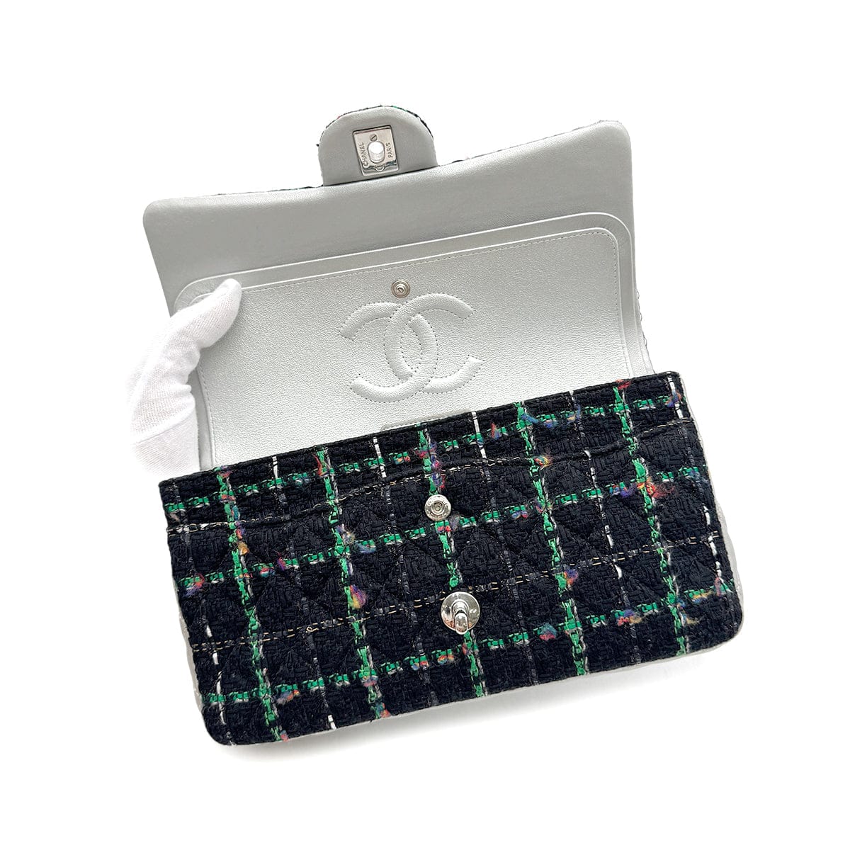 Luxury Promise Japan CHANEL MATELASSE CHAIN SHOULDER BAG BLACK GREEN TWEED 90294174