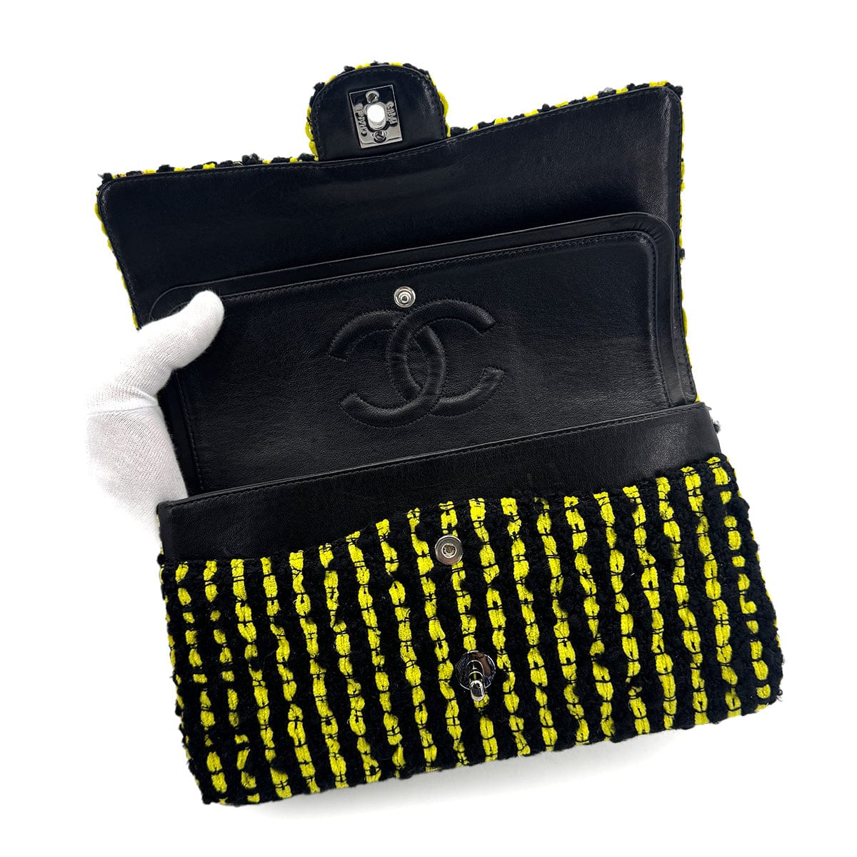 Luxury Promise Japan CHANEL MATELASSE CHAIN SHOULDER BAG BLACK YELLOW TWEED 90301743