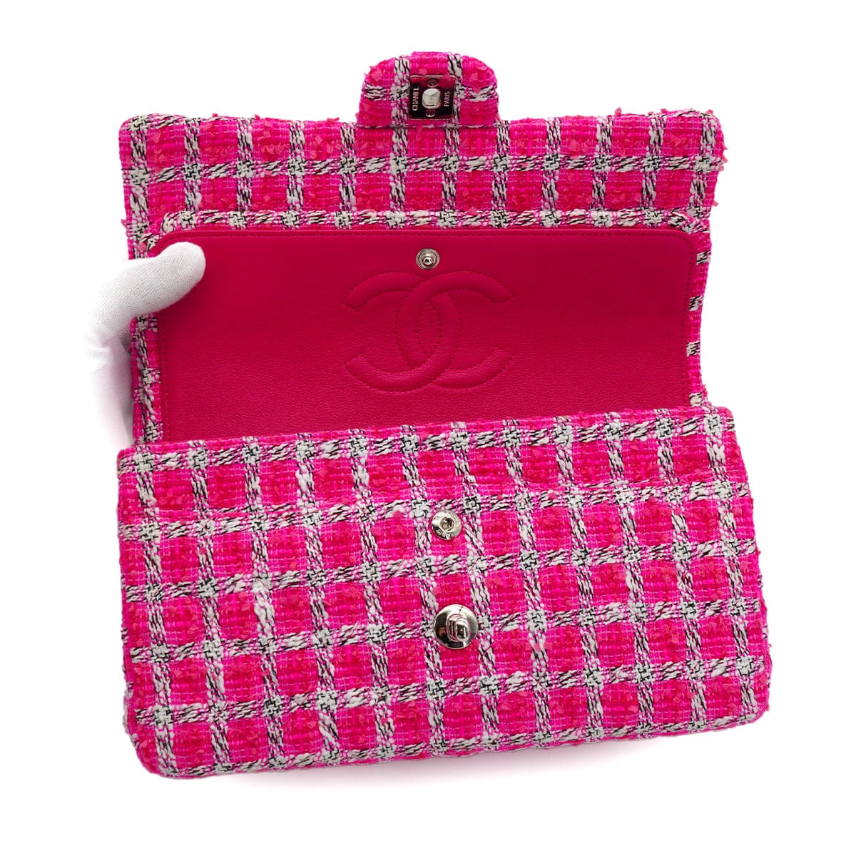 Luxury Promise Japan CHANEL MATELASSE CHAIN SHOULDER BAG PINK TWEED SILVER HARDWARE 90335041