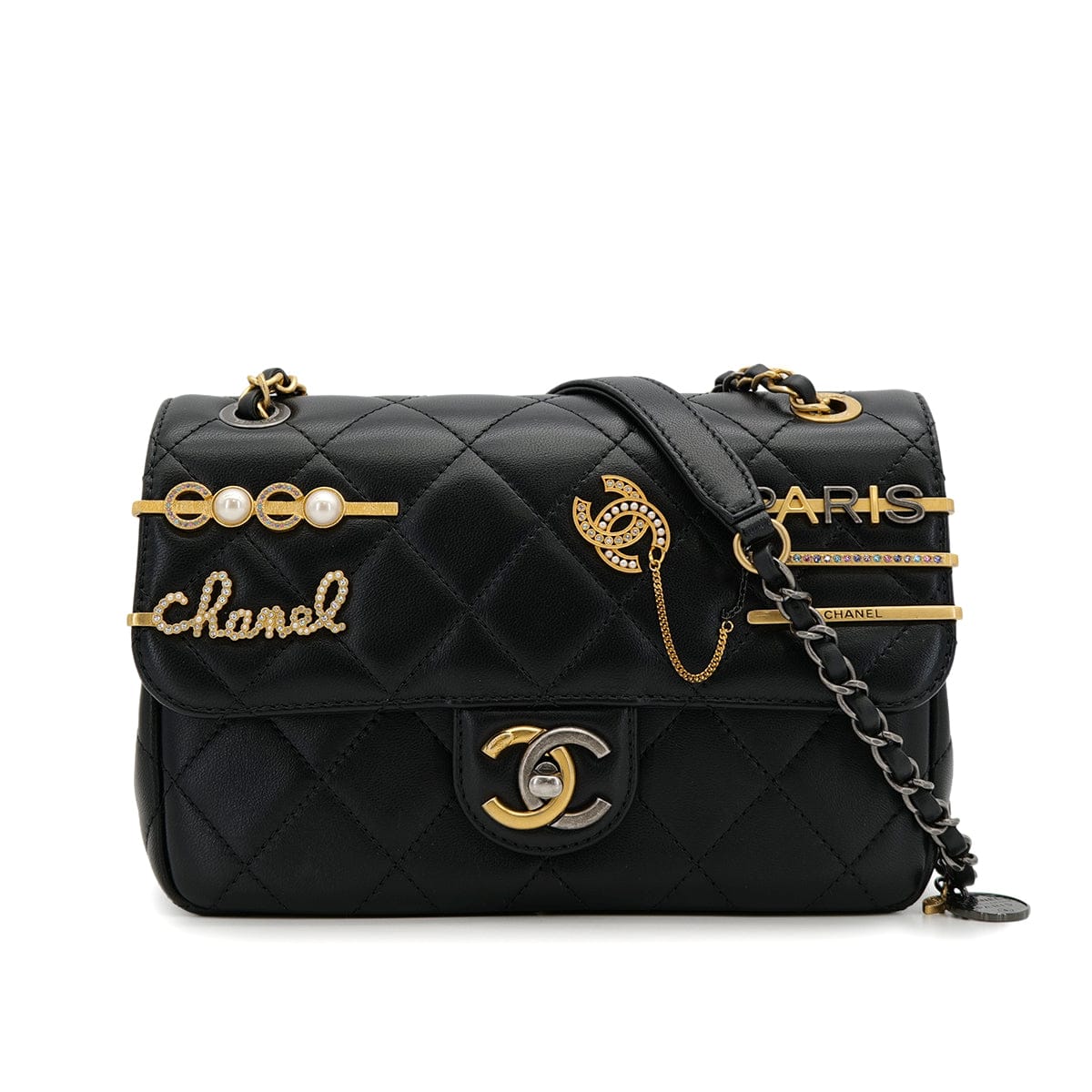 Luxury Promise Japan CHANEL MATELASSE COCO CLIPS CHAIN SHOULDER BAG RHINESTONE FAUX PEARL BLACK LAMB SKIN GOLD HARDWARE 90324131
