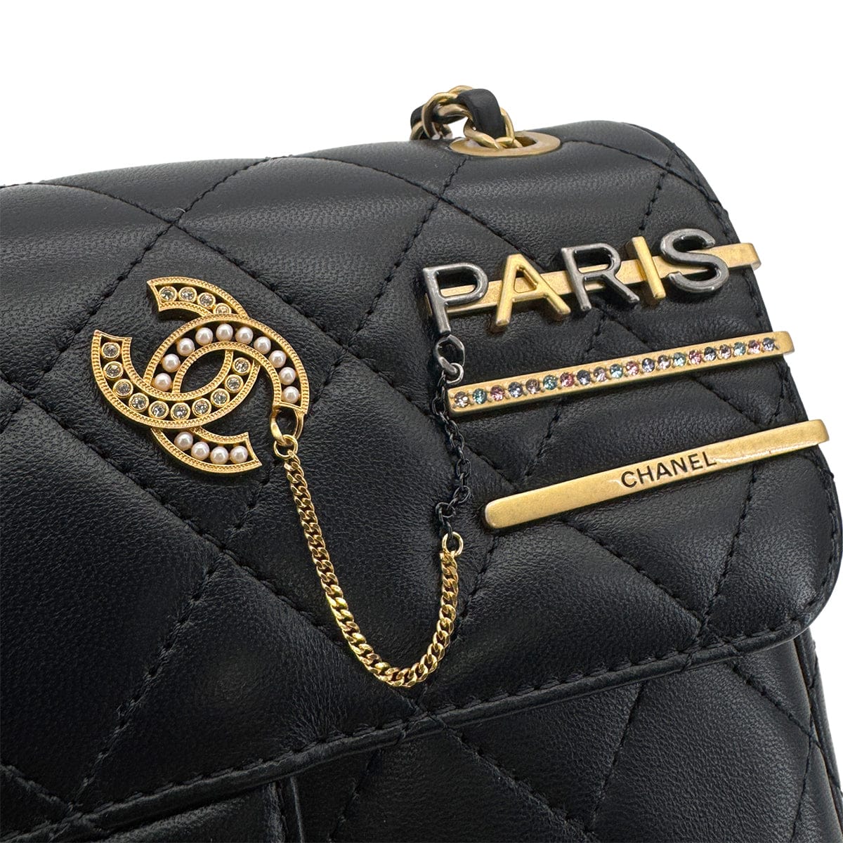Luxury Promise Japan CHANEL MATELASSE COCO CLIPS CHAIN SHOULDER BAG RHINESTONE FAUX PEARL BLACK LAMB SKIN GOLD HARDWARE 90324131