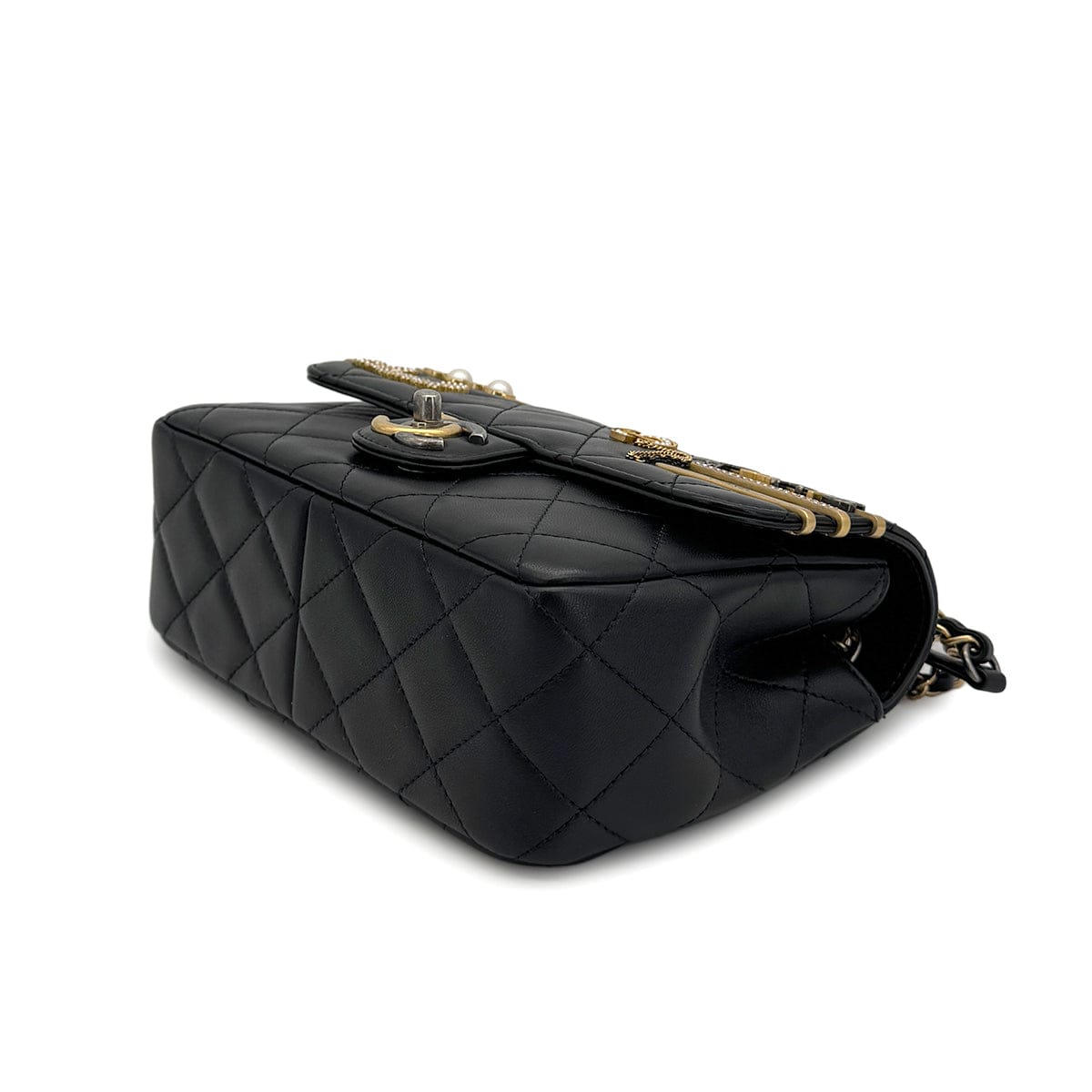 Luxury Promise Japan CHANEL MATELASSE COCO CLIPS CHAIN SHOULDER BAG RHINESTONE FAUX PEARL BLACK LAMB SKIN GOLD HARDWARE 90324131