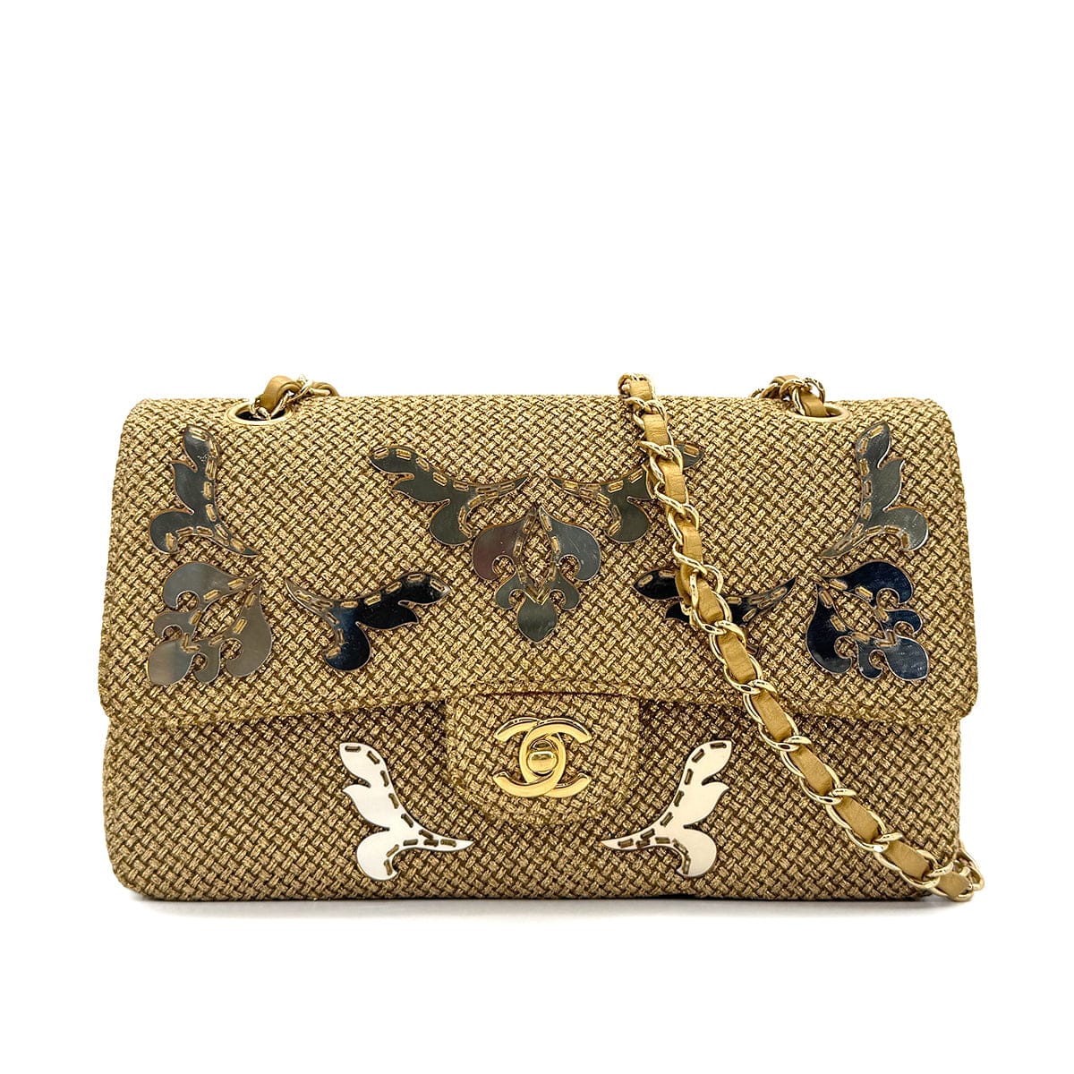Luxury Promise Japan CHANEL MATELASSE FLORAL MOTIF MIRROR CRUISE COLLECTION CHAIN SHOULDER BAG GOLD EMBELLISHED RAFFIA 90294979