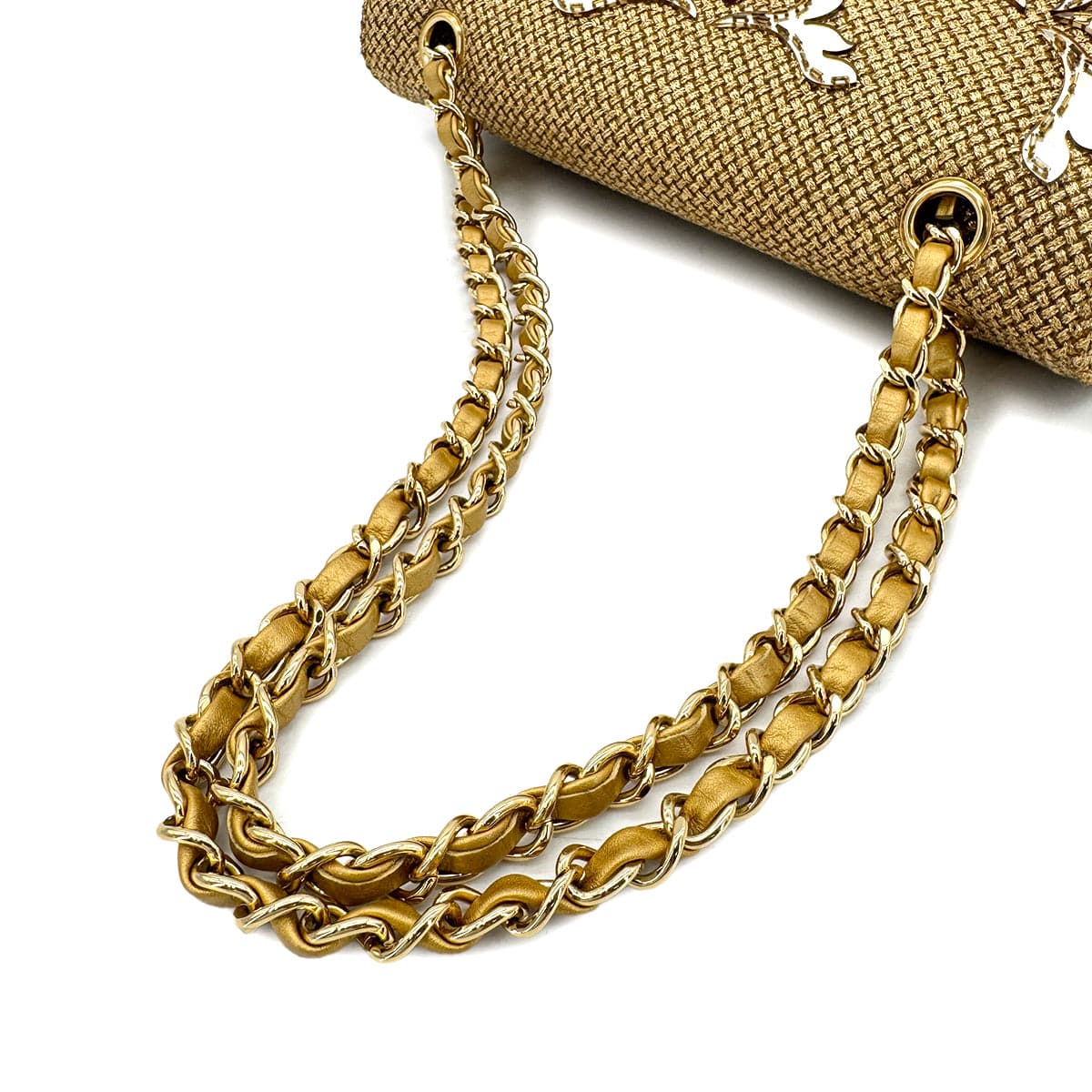 Luxury Promise Japan CHANEL MATELASSE FLORAL MOTIF MIRROR CRUISE COLLECTION CHAIN SHOULDER BAG GOLD EMBELLISHED RAFFIA 90294979