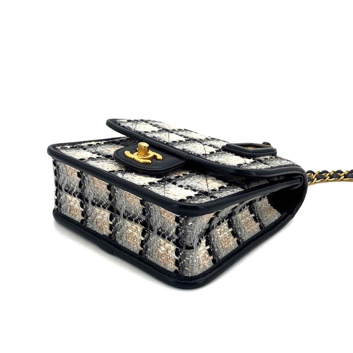 Luxury Promise Japan CHANEL MATELASSE TWEED CHAIN HAND SHOULDER BAG BEIGE BLACK GOLD HARDWARE 90324760