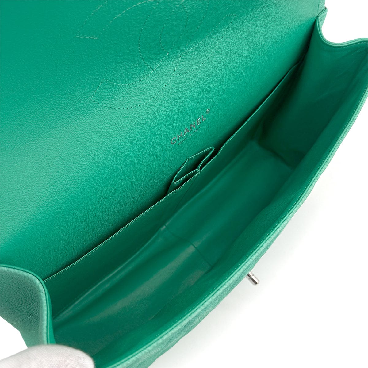 Luxury Promise Japan CHANEL MAXI MATELASSE 34 CHAIN SHOULDER BAG EMERALD GREEN CAVIAR SKIN SILVER HARDWARE 90317871