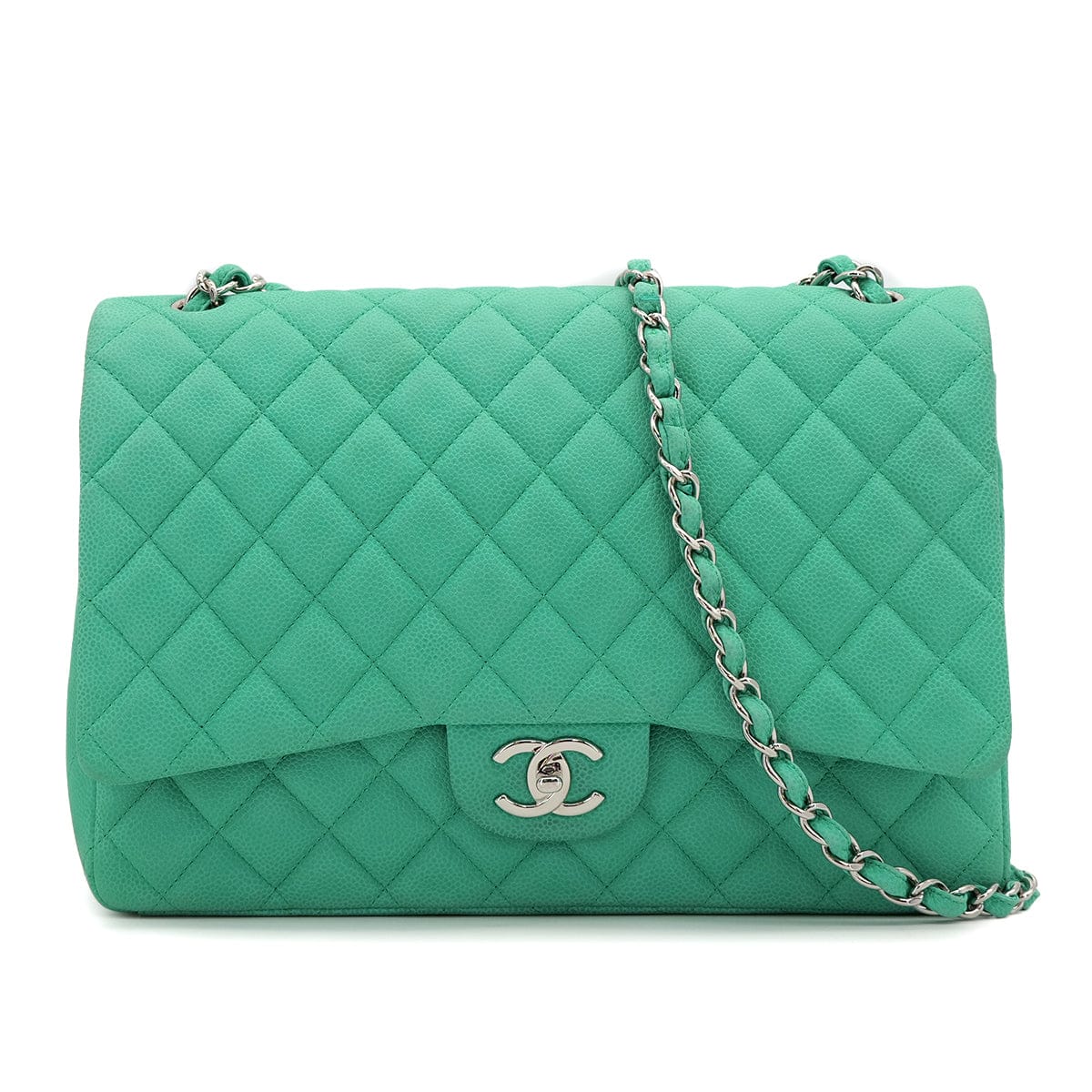 Luxury Promise Japan CHANEL MAXI MATELASSE 34 CHAIN SHOULDER BAG EMERALD GREEN CAVIAR SKIN SILVER HARDWARE 90317871