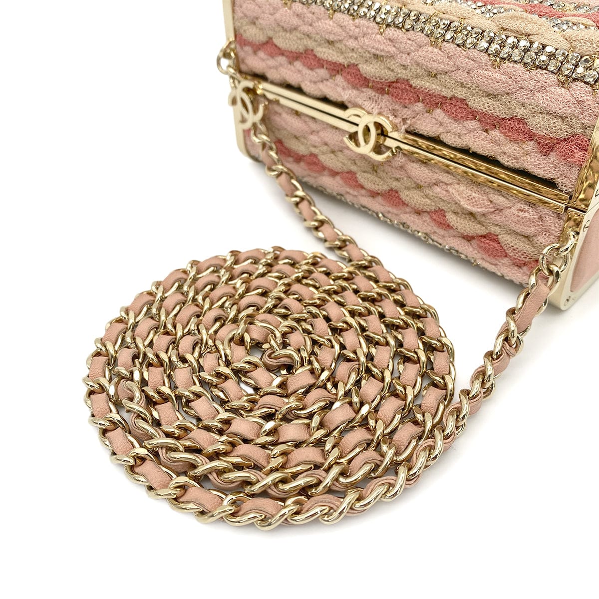 Luxury Promise Japan CHANEL MINAUDIERE CHAIN SHOULDER BAG PINK KNIT LEATHER RHINESTONE 90265911