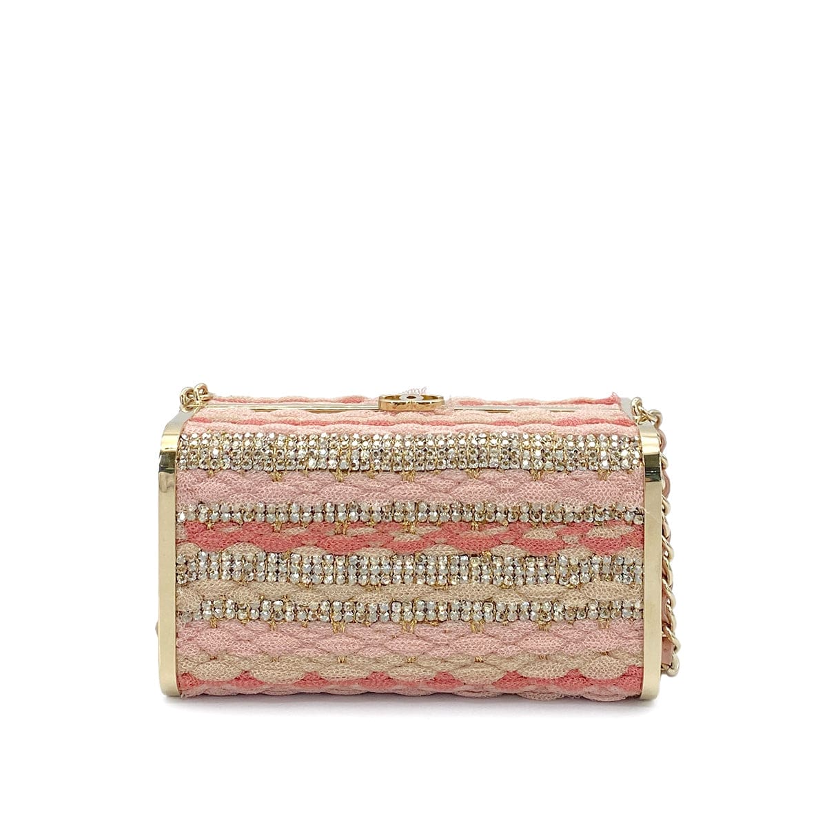 Luxury Promise Japan CHANEL MINAUDIERE CHAIN SHOULDER BAG PINK KNIT LEATHER RHINESTONE 90265911