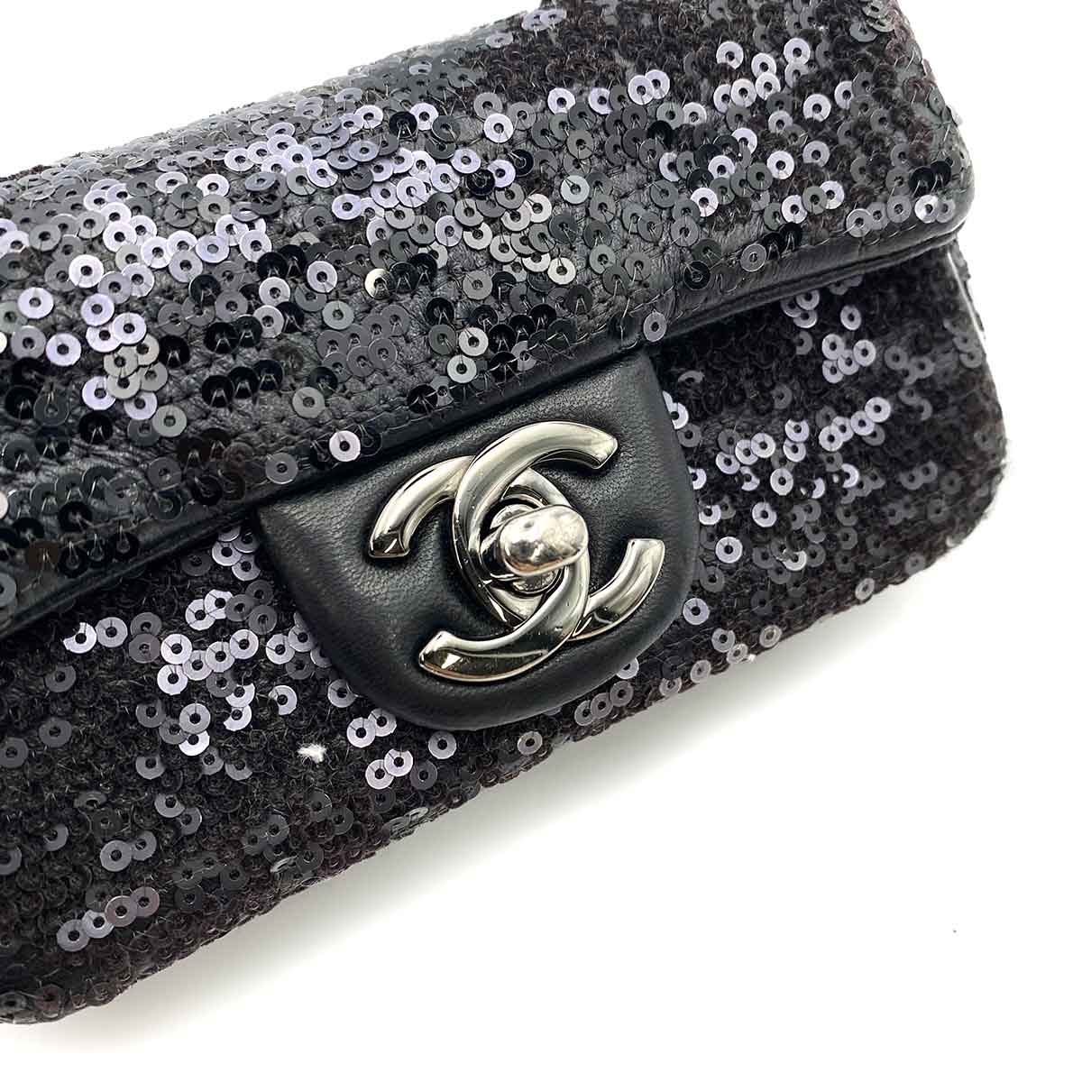 Luxury Promise Japan CHANEL MINI CHAIN SHOULDER BAG BLACK SEQUINS LEATHER 90235890