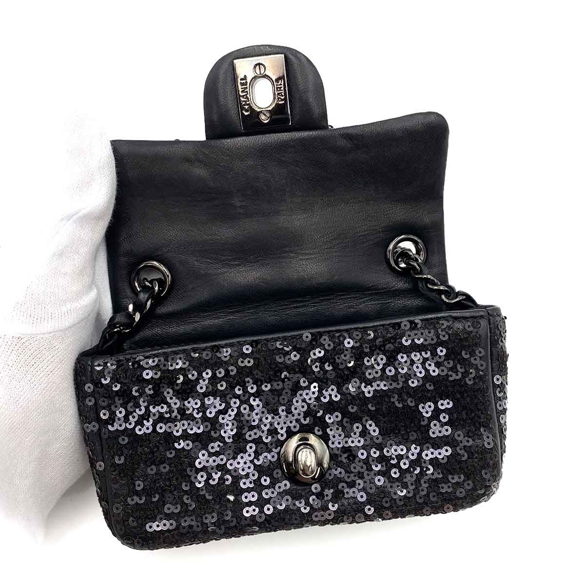 Luxury Promise Japan CHANEL MINI CHAIN SHOULDER BAG BLACK SEQUINS LEATHER 90235890