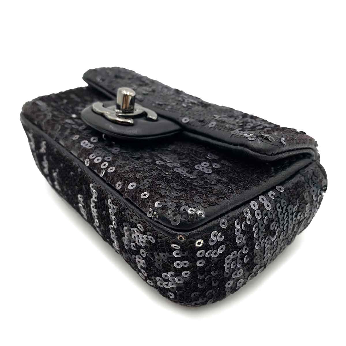 Luxury Promise Japan CHANEL MINI CHAIN SHOULDER BAG BLACK SEQUINS LEATHER 90235890