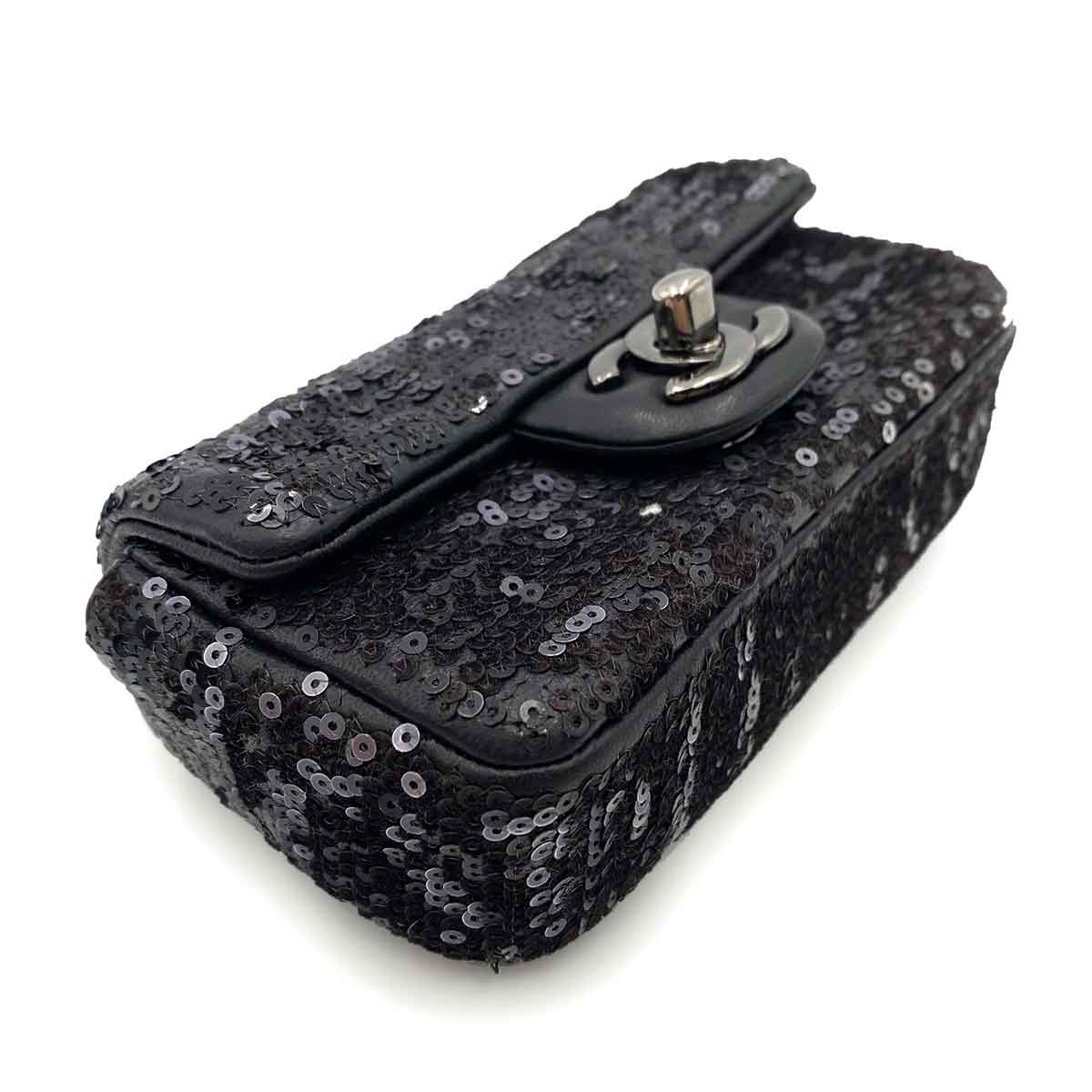 Luxury Promise Japan CHANEL MINI CHAIN SHOULDER BAG BLACK SEQUINS LEATHER 90235890