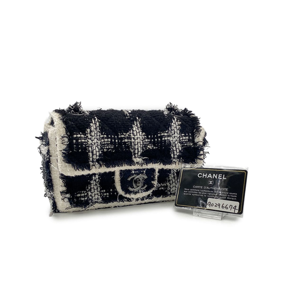 Luxury Promise Japan CHANEL MINI MATELASSE 20 CHAIN SHOULDER BAG BLACK WHITE TWEED 90296674