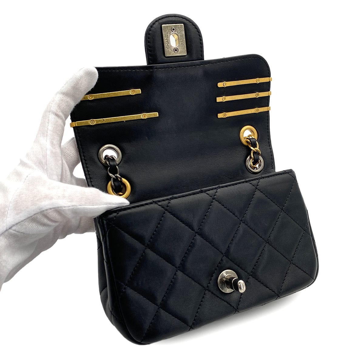 Luxury Promise Japan CHANEL MINI MATELASSE COCO CLIPS CHAIN SHOULDER BAG RHINESTONE FAUX PEARL BLACK LAMB SKIN GOLD HARDWARE 90317290