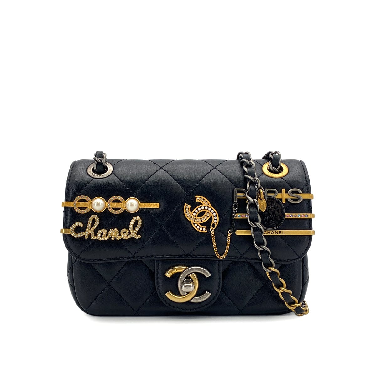 Luxury Promise Japan CHANEL MINI MATELASSE COCO CLIPS CHAIN SHOULDER BAG RHINESTONE FAUX PEARL BLACK LAMB SKIN GOLD HARDWARE 90317290