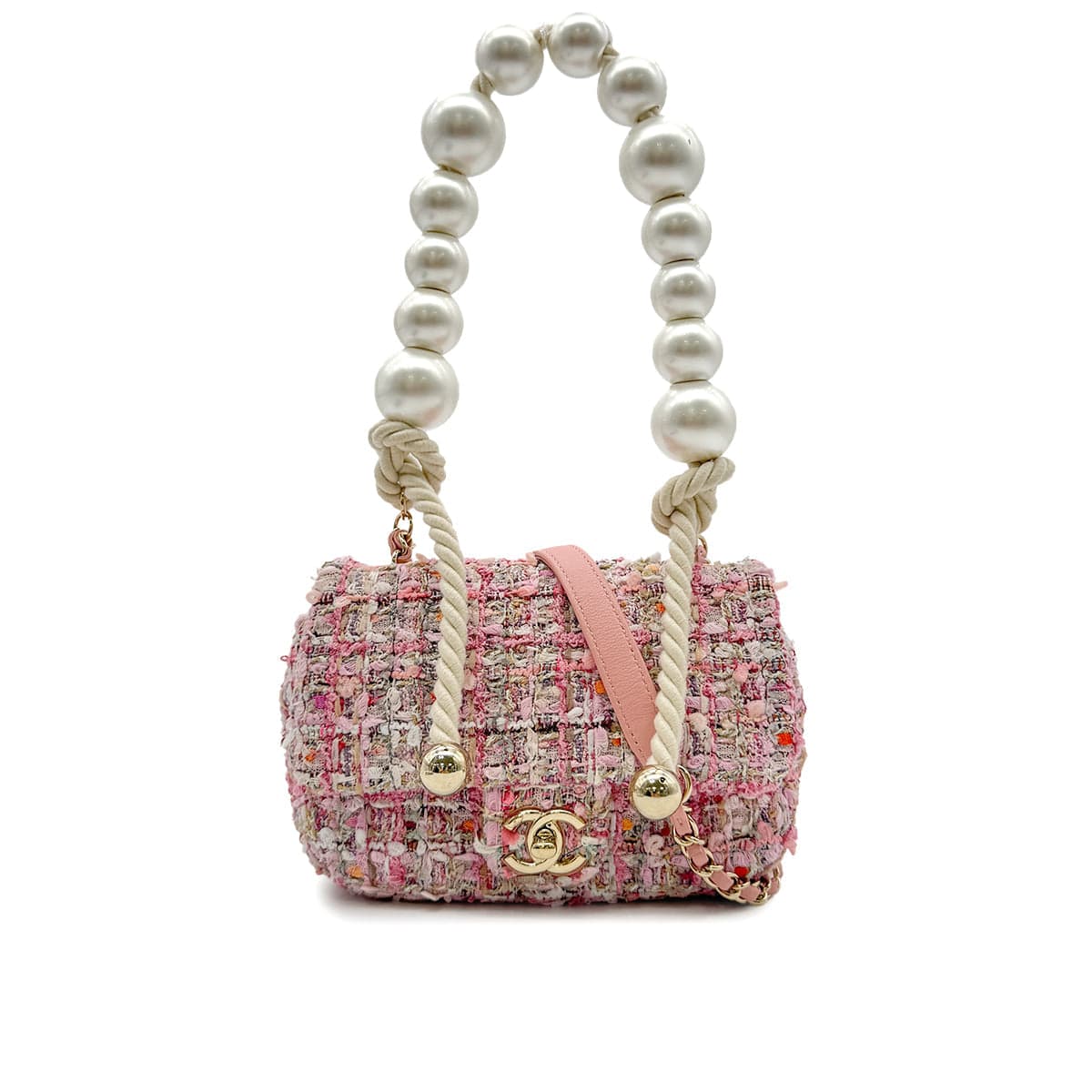 Luxury Promise Japan CHANEL MINI MATELASSE FAUX PEARL CHAIN HAND SHOULDER BAG PINK TWEED 90306516
