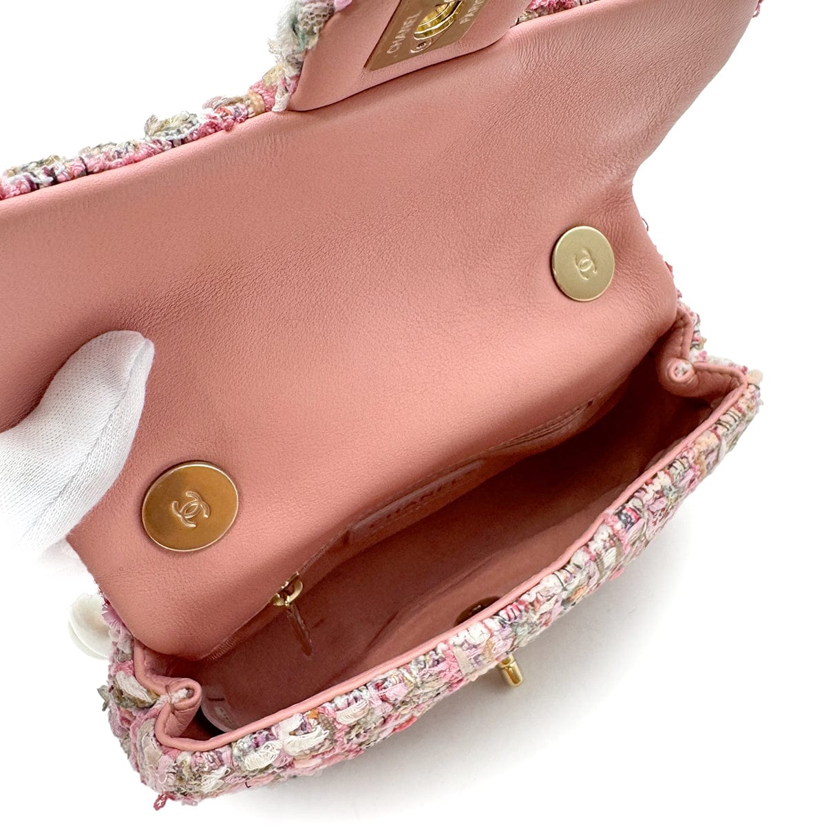 Luxury Promise Japan CHANEL MINI MATELASSE FAUX PEARL CHAIN HAND SHOULDER BAG PINK TWEED 90306516