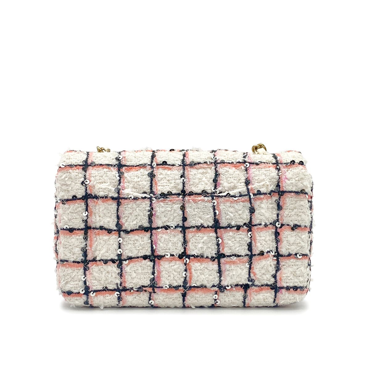 Luxury Promise Japan CHANEL MINI MATELASSE TWEED SEQUINS CHAIN SHOULDER BAG WHITE PINK BLACK GOLD HARDWARE 90325331