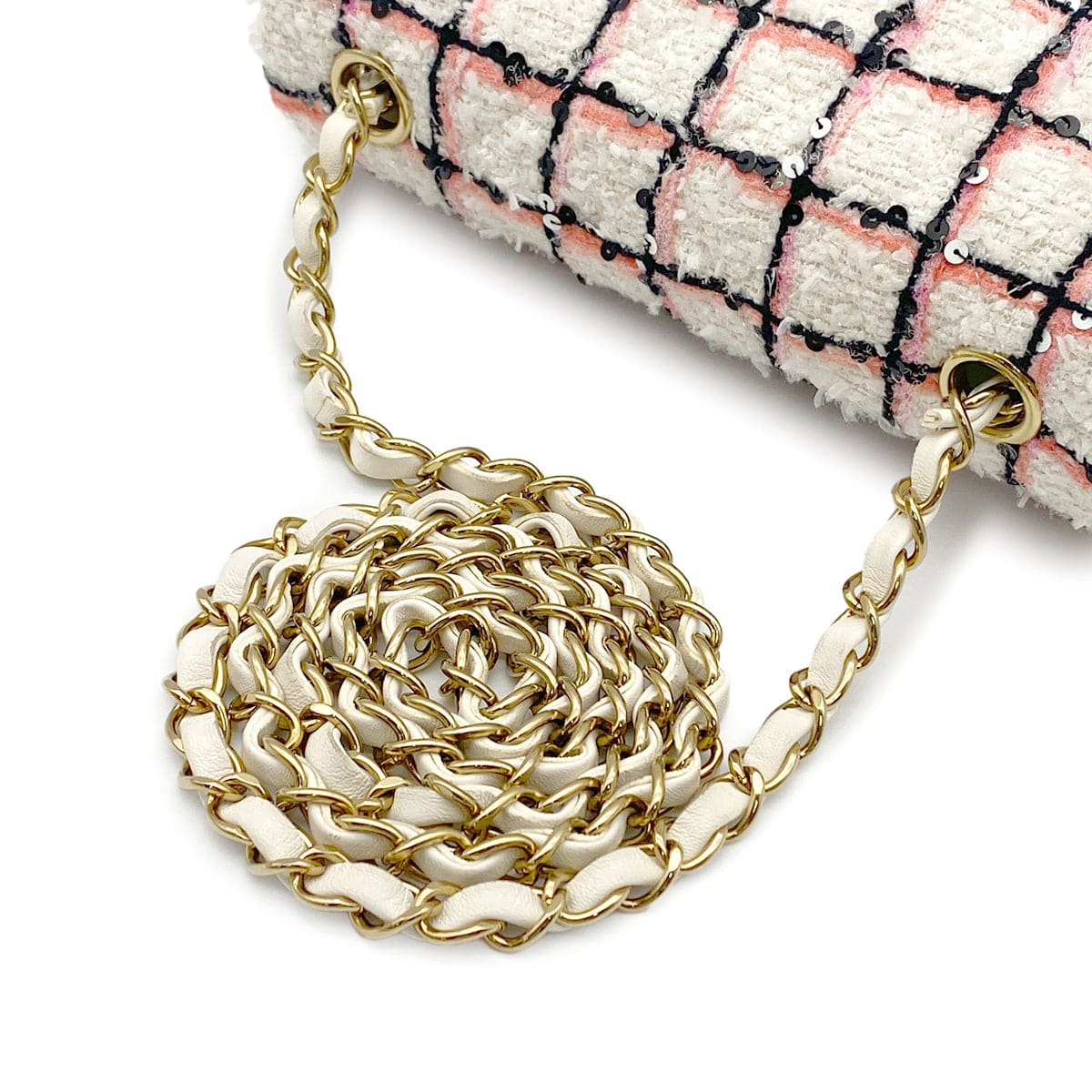 Luxury Promise Japan CHANEL MINI MATELASSE TWEED SEQUINS CHAIN SHOULDER BAG WHITE PINK BLACK GOLD HARDWARE 90325331