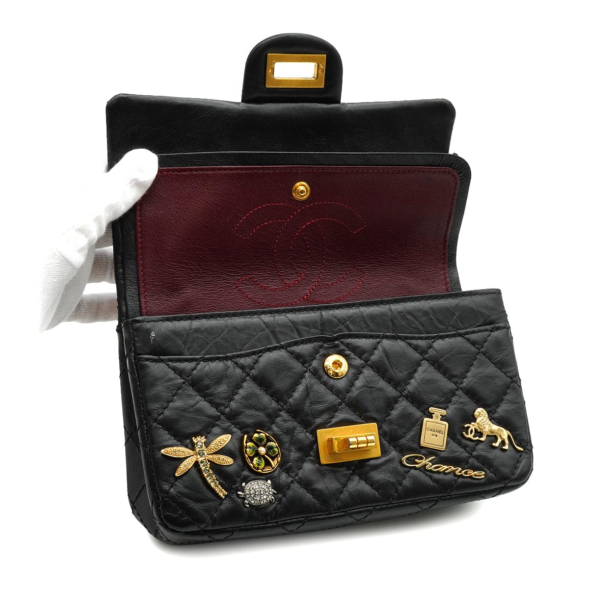 Luxury Promise Japan CHANEL MINI MATERASSE 2.55 LUCKY CHARM CHAIN SHOULDER BAG BLACK LEATHER GOLD HARDWARE 90344450