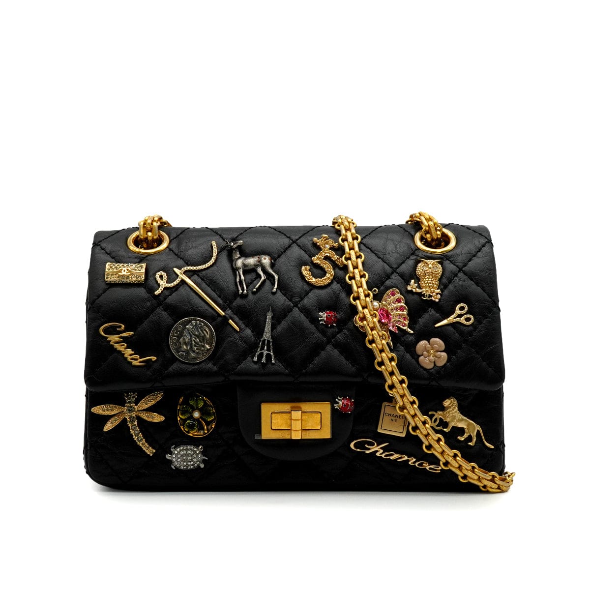 Luxury Promise Japan CHANEL MINI MATERASSE 2.55 LUCKY CHARM CHAIN SHOULDER BAG BLACK LEATHER GOLD HARDWARE 90344457