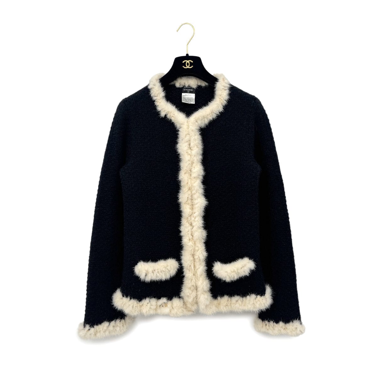 Luxury Promise Japan CHANEL MINK KNIT JACKET BLACK ECRU MOHAIR 42 03A RTW 90296577