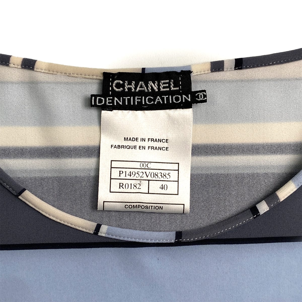 Luxury Promise Japan CHANEL MULTI COLOR STRIPE T-SHIRT LOGO PLATE BLUE GRAY NYLON 40 00C RTW 90291316
