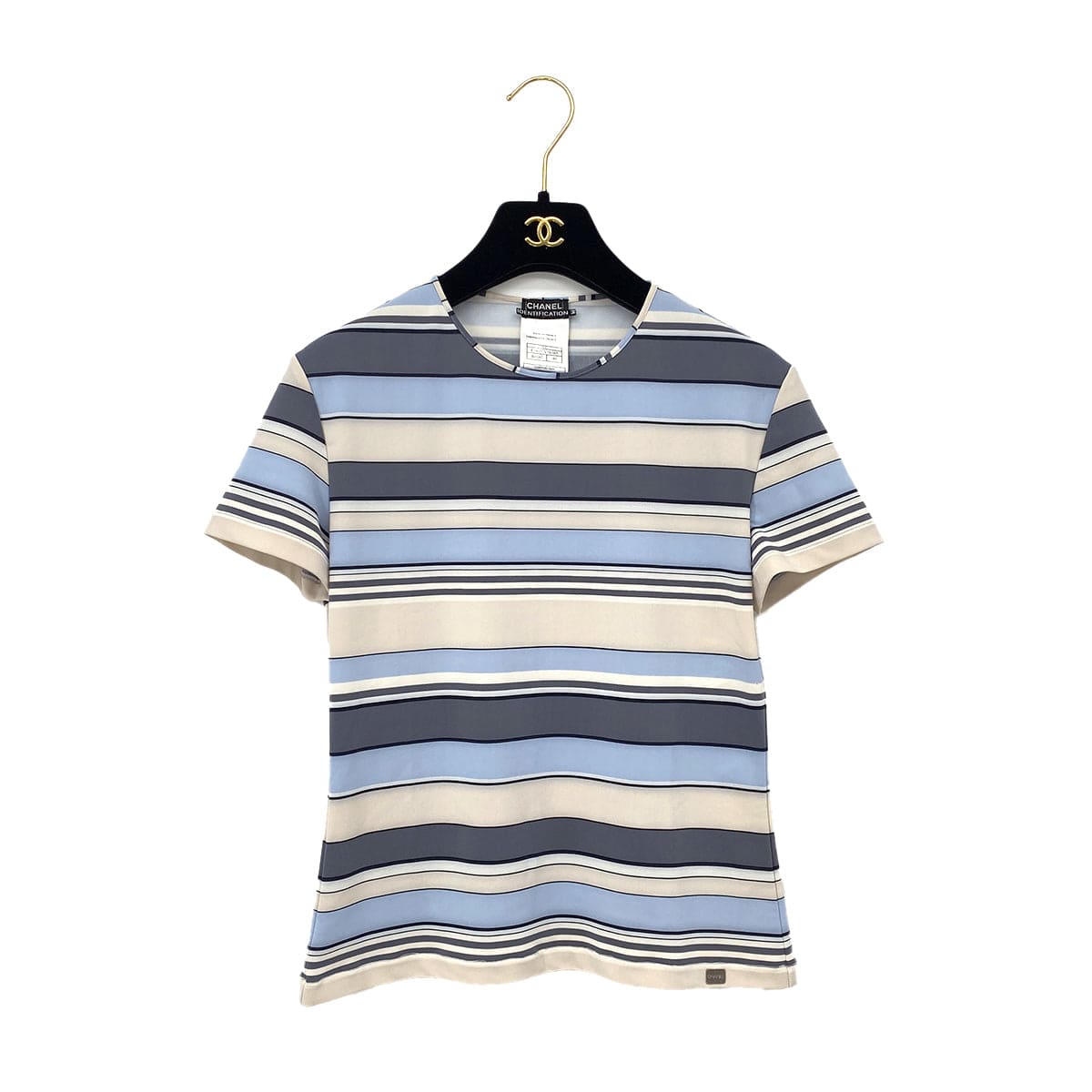 Luxury Promise Japan CHANEL MULTI COLOR STRIPE T-SHIRT LOGO PLATE BLUE GRAY NYLON 40 00C RTW 90291316
