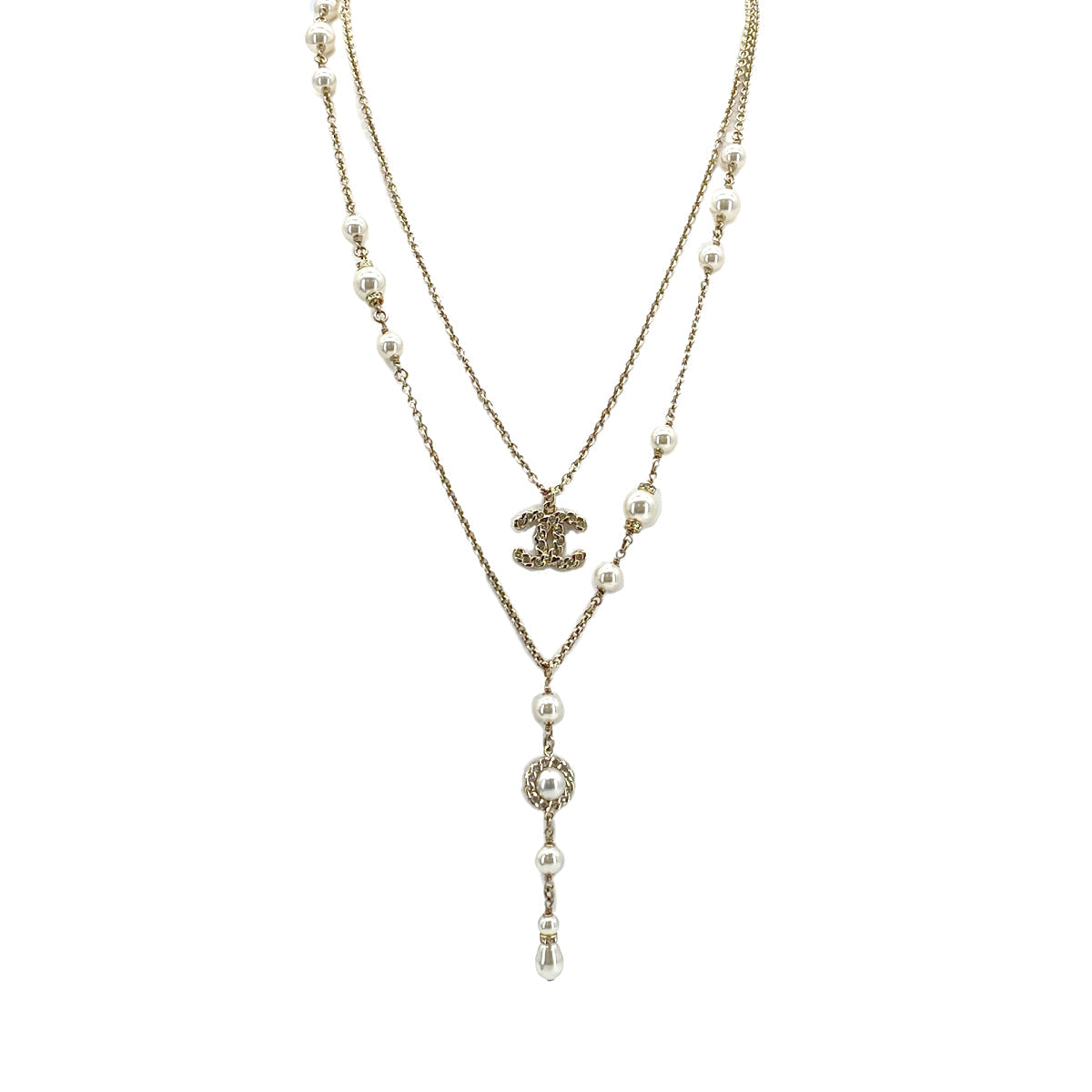 Luxury Promise Japan CHANEL NECKLACE COCOMARK DOUBLE CHAIN FAUX PEARL RHINESTONE ACCESSORY B19P 90301667