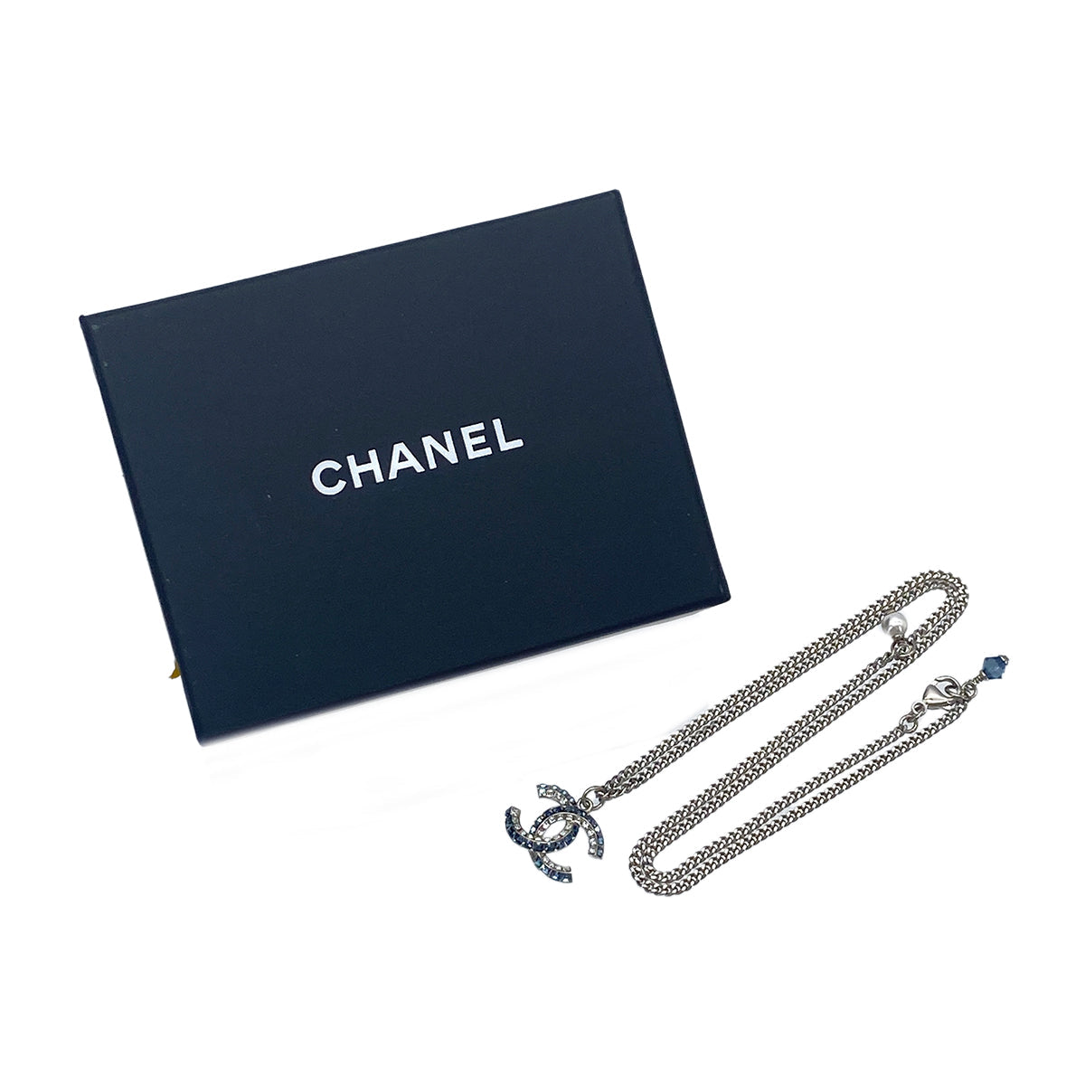 Luxury Promise Japan CHANEL NECKLACE COCOMARK RHINESTONE BLUE SILVER ACCESSORY F19P 90276362