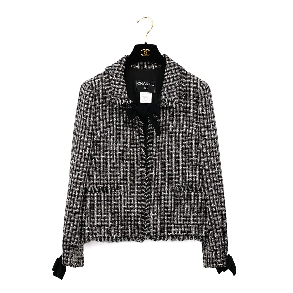Luxury Promise Japan CHANEL RIBBON TWEED JACKET BLACK WOOL 40 04A RTW 90299827