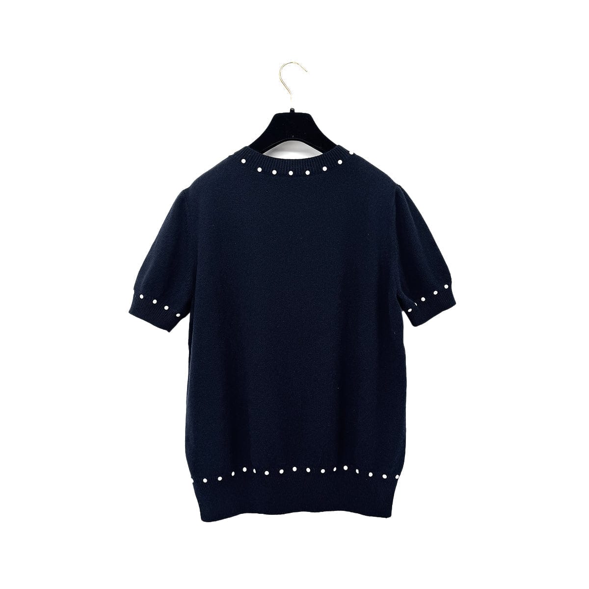 Luxury Promise Japan CHANEL SHORT SLEEVE KNIT TOPS COCOMARK FAUX PEARL NAVY COTTON 38 P53 RTW 90292112