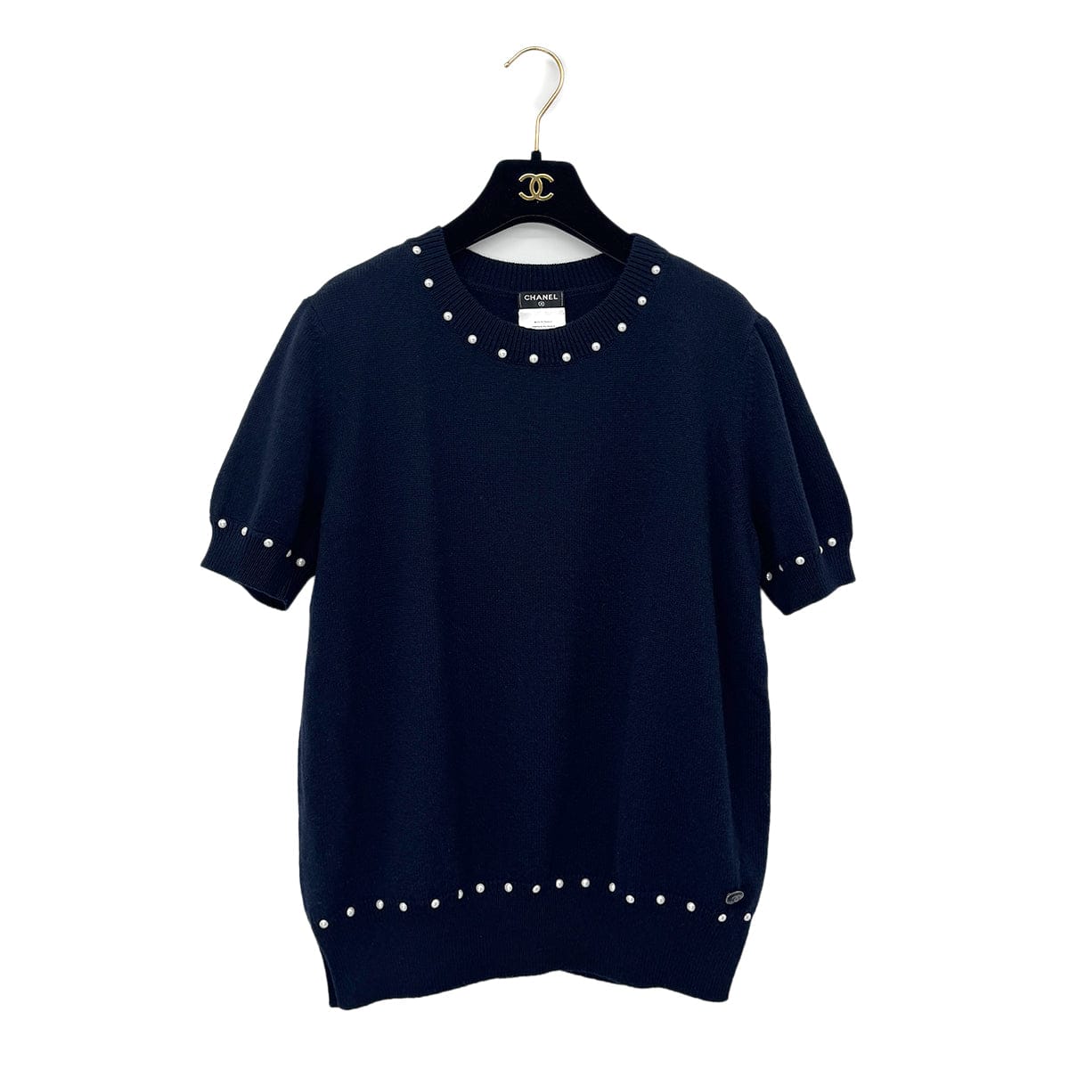 Luxury Promise Japan CHANEL SHORT SLEEVE KNIT TOPS COCOMARK FAUX PEARL NAVY COTTON 38 P53 RTW 90292112