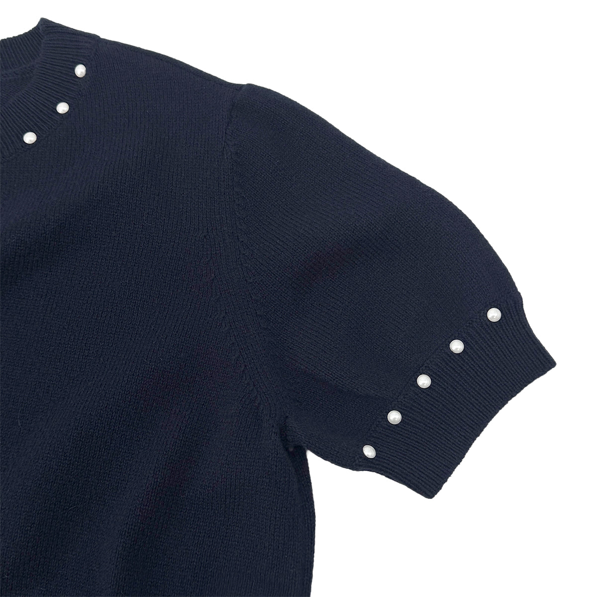 Luxury Promise Japan CHANEL SHORT SLEEVE KNIT TOPS COCOMARK FAUX PEARL NAVY COTTON 38 P53 RTW 90292112