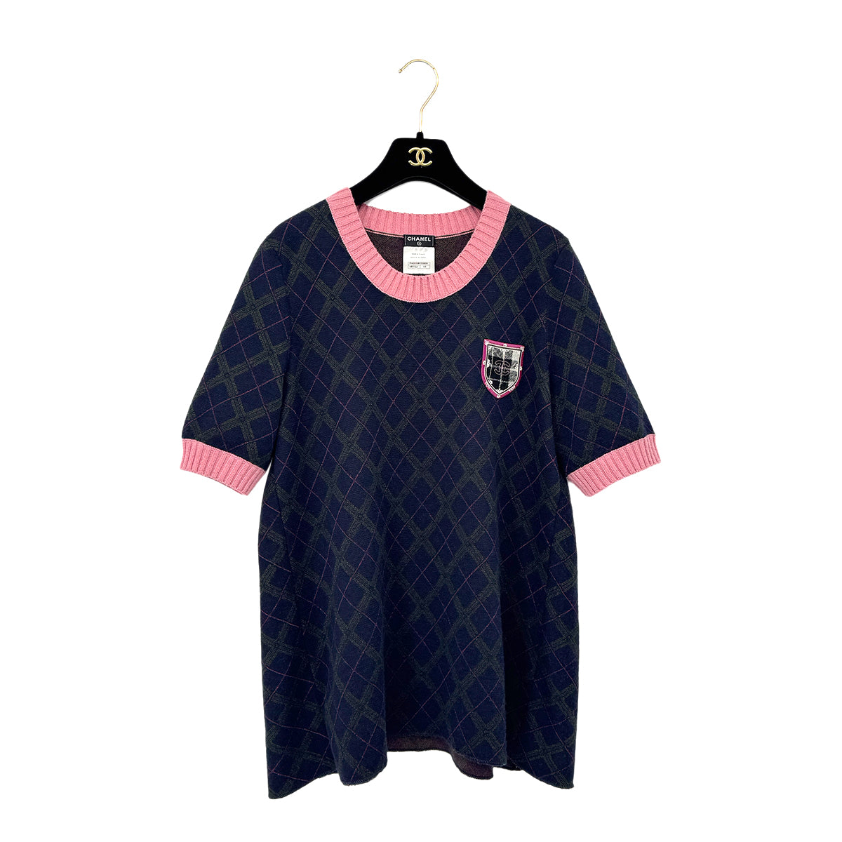 Luxury Promise Japan CHANEL SHORT SLEEVE TOPS ARGYLE PATTERN NAVY PINK CASHMERE 44 P46 RTW 90299826