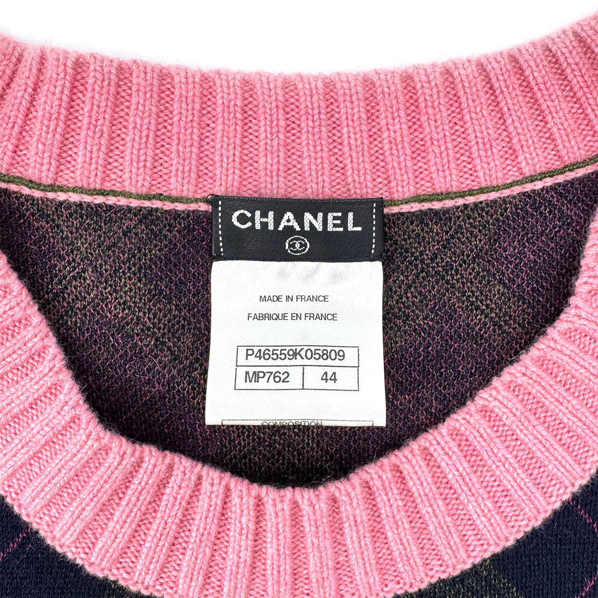 Luxury Promise Japan CHANEL SHORT SLEEVE TOPS ARGYLE PATTERN NAVY PINK CASHMERE 44 P46 RTW 90299826