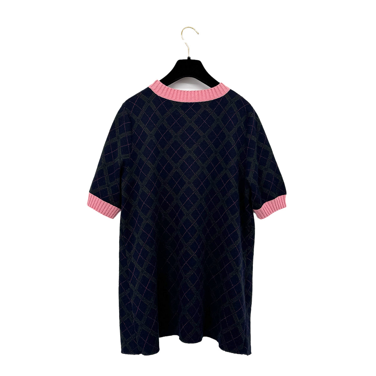 Luxury Promise Japan CHANEL SHORT SLEEVE TOPS ARGYLE PATTERN NAVY PINK CASHMERE 44 P46 RTW 90299826