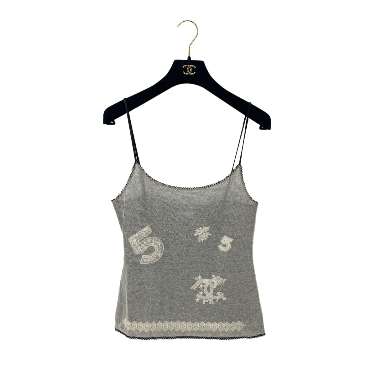 Luxury Promise Japan CHANEL SLEEVELESS MESH TOPS COCOMARK NO5 LACE ECRU BLACK COTTON 38 04P RTW 90287810