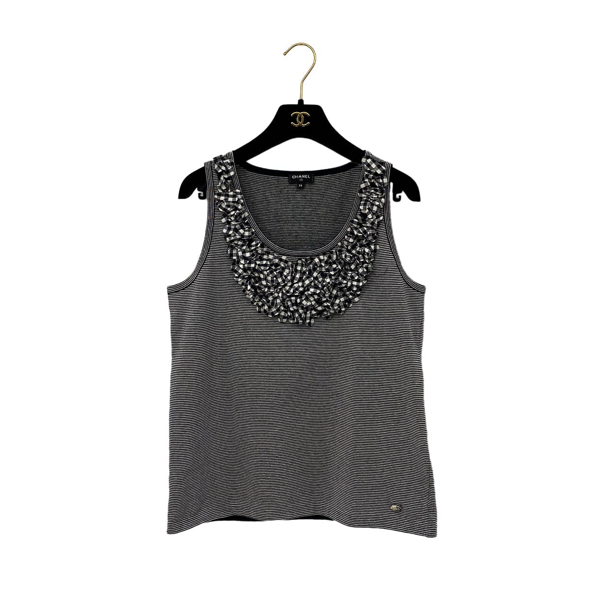 Luxury Promise Japan CHANEL SLEEVELESS TOPS BORDER FLOWER MOTIF BLACK WHITE COTTON 38 P56 RTW 90291318