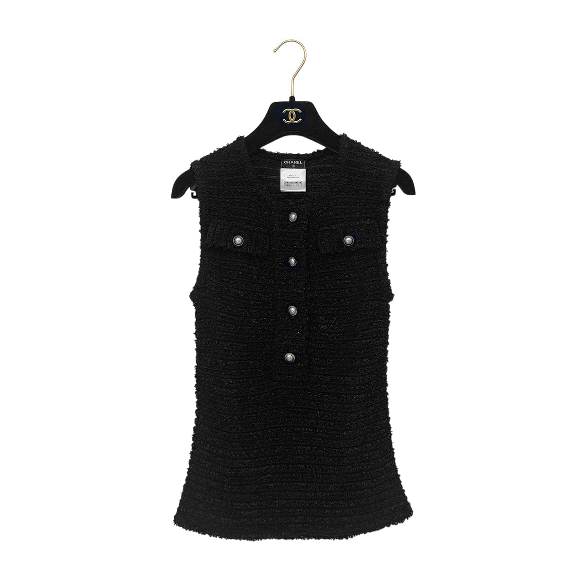 Luxury Promise Japan CHANEL SLEEVELESS TOPS COCO BUTTON FAUX PEARL BLACK NYLON 38 P46 RTW 90290206