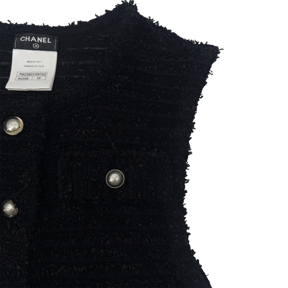 Luxury Promise Japan CHANEL SLEEVELESS TOPS COCO BUTTON FAUX PEARL BLACK NYLON 38 P46 RTW 90290206