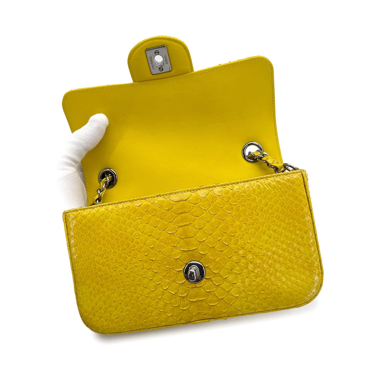 Luxury Promise Japan CHANEL TURN LOCK CHAIN SHOULDER BAG YELLOW PYTHON 90309173