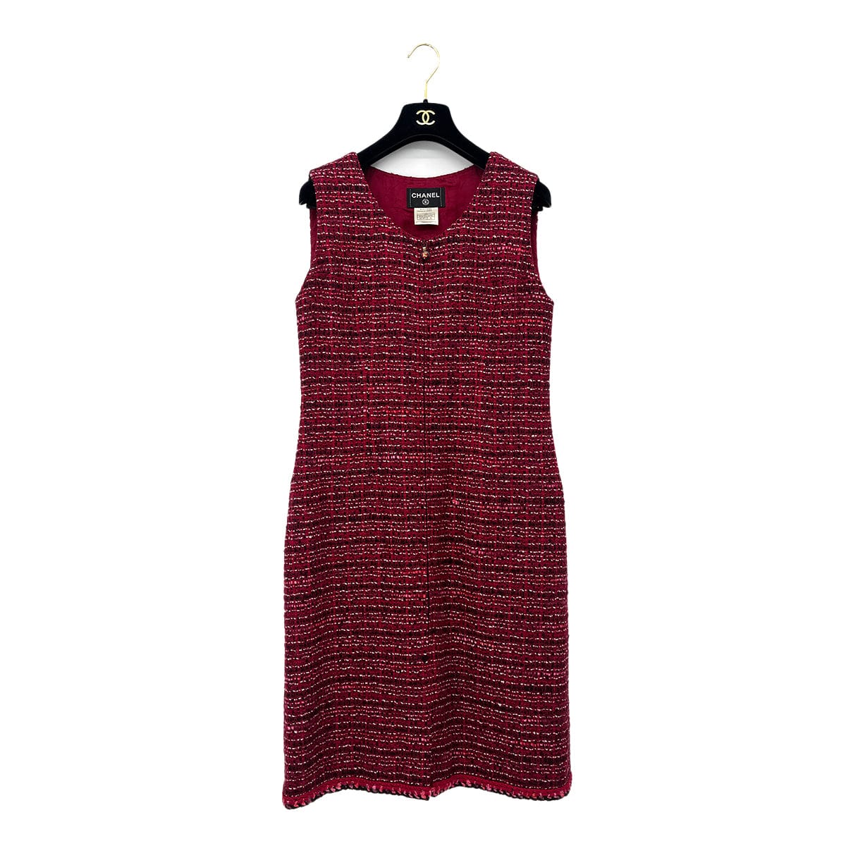 Luxury Promise Japan CHANEL TWEED COCO BUTTON SLEEVELESS ZIP DRESS RED WOOL 42 01A RTW 90283150