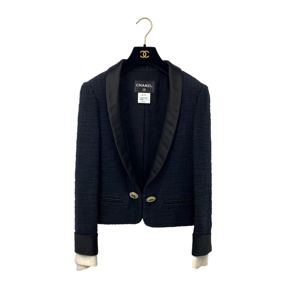 Luxury Promise Japan CHANEL TWEED JACKET COLOR STONE RHINESTONE BUTTON BLACK COTTON 38 P43 RTW 90284032