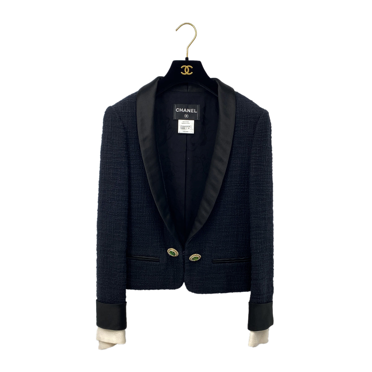 Luxury Promise Japan CHANEL TWEED JACKET COLOR STONE RHINESTONE BUTTON BLACK COTTON 38 P43 RTW 90284032