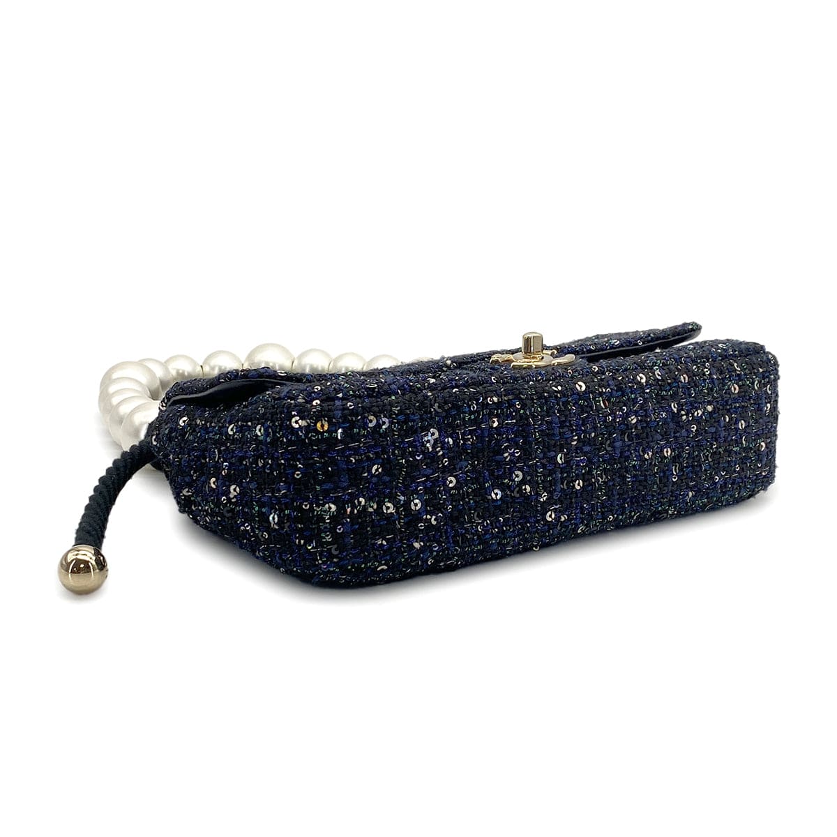 luxury promise japan CHANEL TWEED SEQUINS FAUX PEARL CHAIN HAND SHOULDER BAG NAVY BLACK TWEED GOLD HARDWARE 90317906