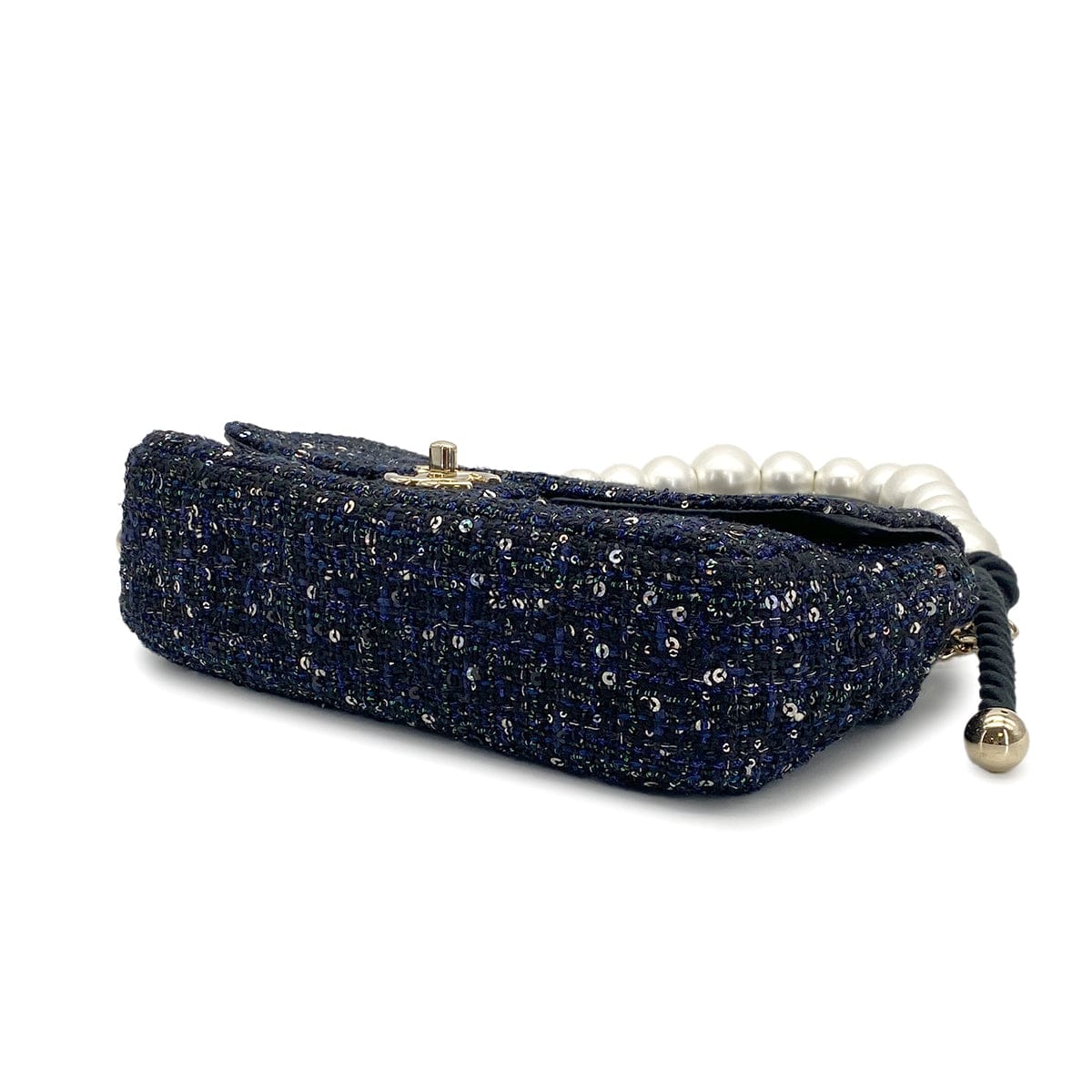 luxury promise japan CHANEL TWEED SEQUINS FAUX PEARL CHAIN HAND SHOULDER BAG NAVY BLACK TWEED GOLD HARDWARE 90317906