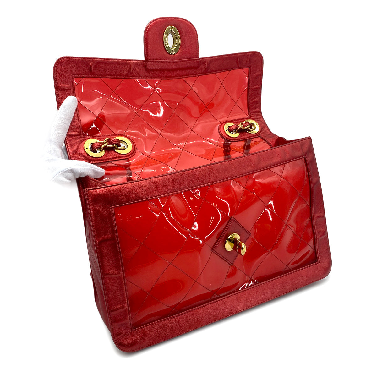 Luxury Promise Japan CHANEL VINTAGE BIG COCO CLEAR CHAIN SHOULDER BAG RED VINYL LEATHER 90277070